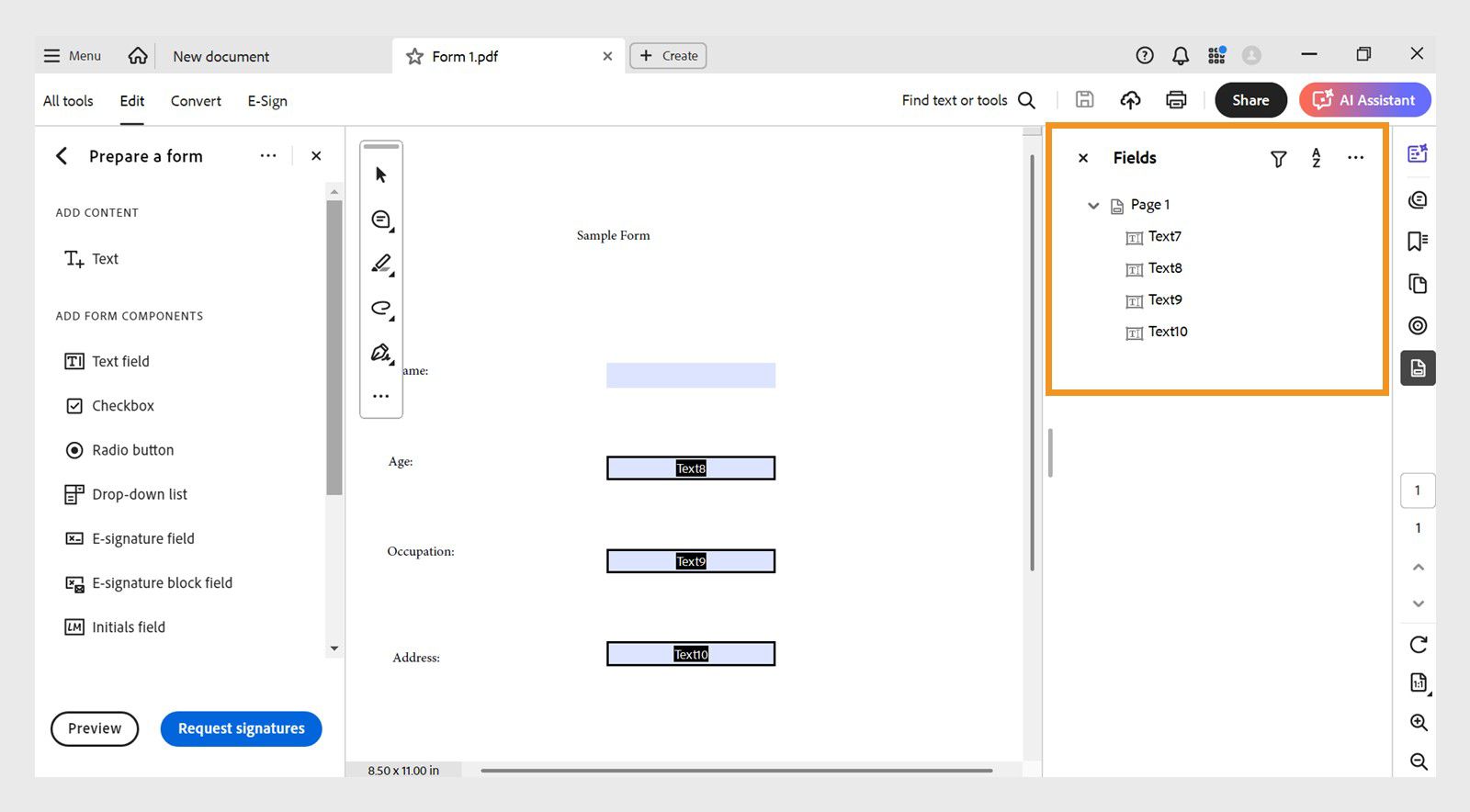 Ipinapakita ng Fields pane ang mga umiiral na form field, na maaaring i-edit o i-delete. 