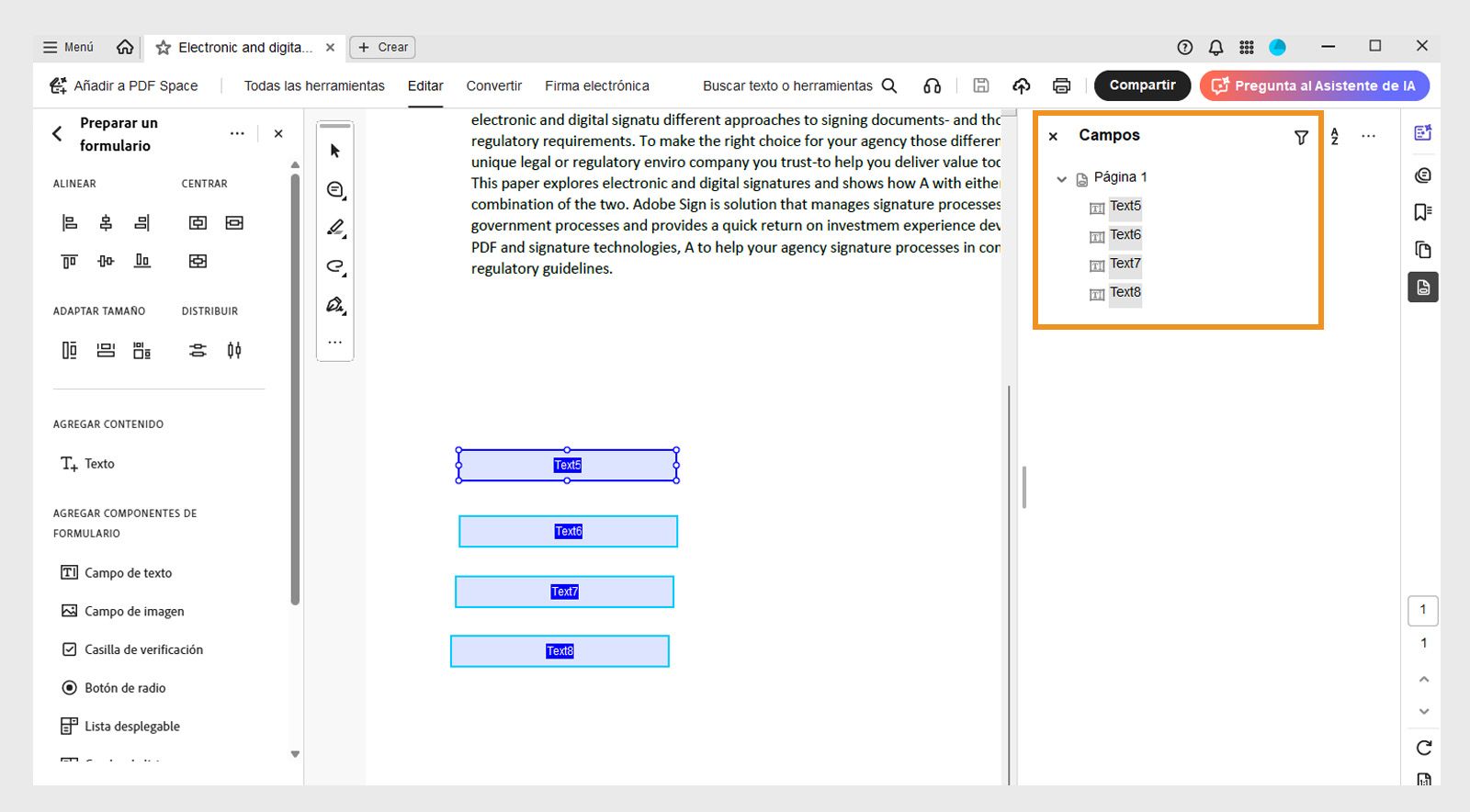 El panel Campos muestra los campos de formulario existentes, que se pueden editar o eliminar. 