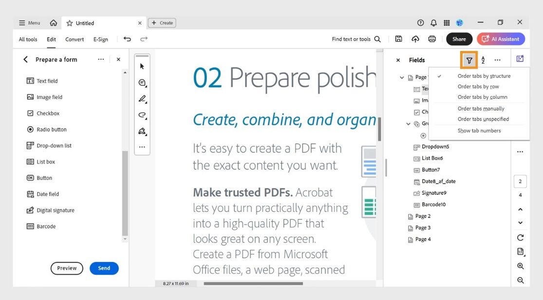 フィールドパネルには、フィルターアイコンの下に次のタブ移動順序オプションが表示されます：タブ移動の順序を構造に基づいて設定、行でタブを並べ替え、列でタブを並べ替え、タブ移動の順序を手動で設定、タブ移動の順序を指定しない、タブ番号を表示。