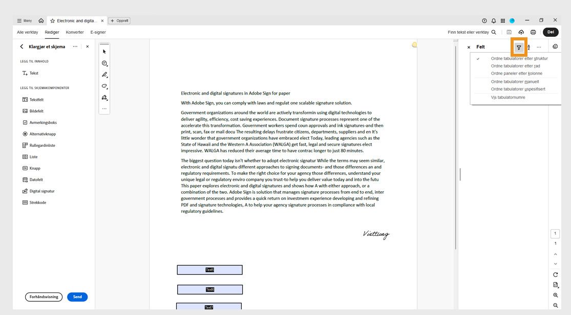 Felt-panelet viser følgende tabulatorrekkefølgealternativer under filterikonet: Ordne tabulatorer etter struktur, Ordne tabulatorer etter rad, Ordne tabulatorer etter kolonne, Ordne tabulatorer manuelt, Ordne tabulatorer uspesifisert og Vis tabulatornumre.
