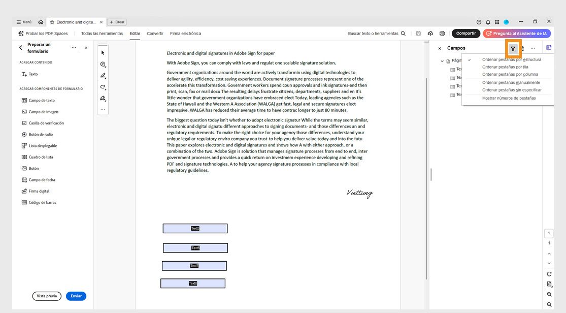 El panel Campos muestra las siguientes opciones de orden de tabulación bajo el icono de filtro: Ordenar fichas por estructura, Ordenar fichas por fila, Ordenar fichas por columna, Ordenar fichas manualmente, Orden de fichas sin especificar y Mostrar números de tabulación.
