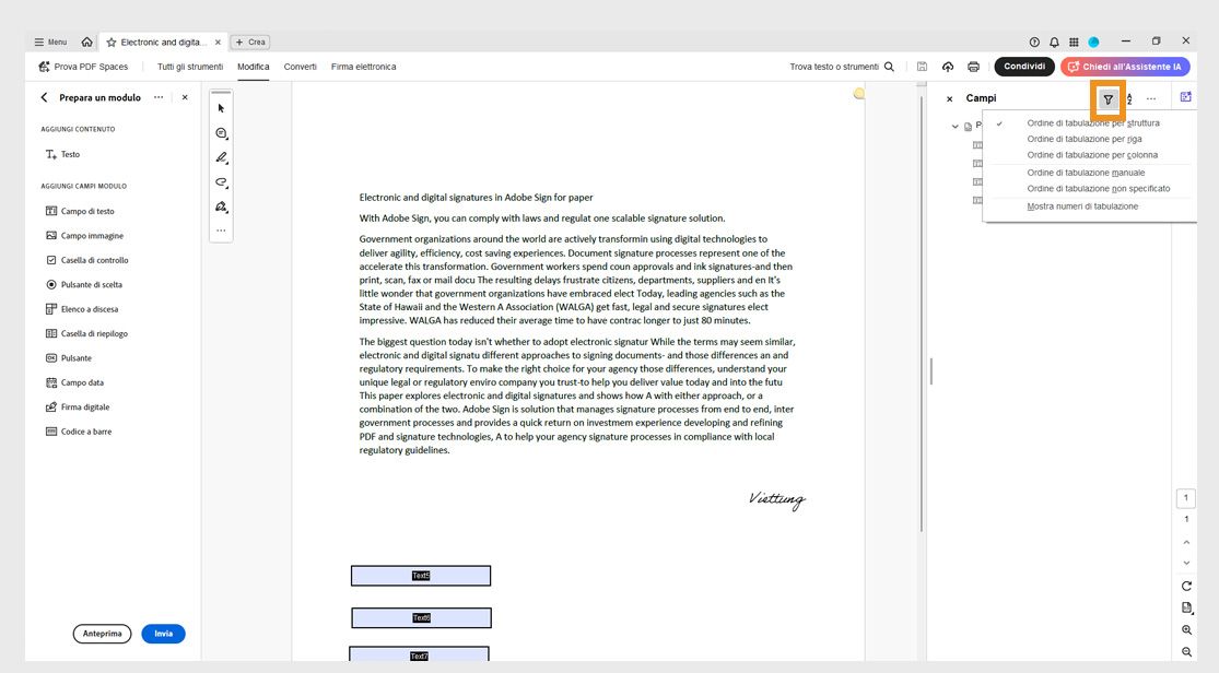 Il pannello Campi mostra le seguenti opzioni di ordine di schede sotto l’icona del filtro: Ordina schede per struttura, Ordina schede per riga, Ordina schede per colonna, Ordina schede manualmente, Ordine schede non specificate e Mostra numeri delle schede.