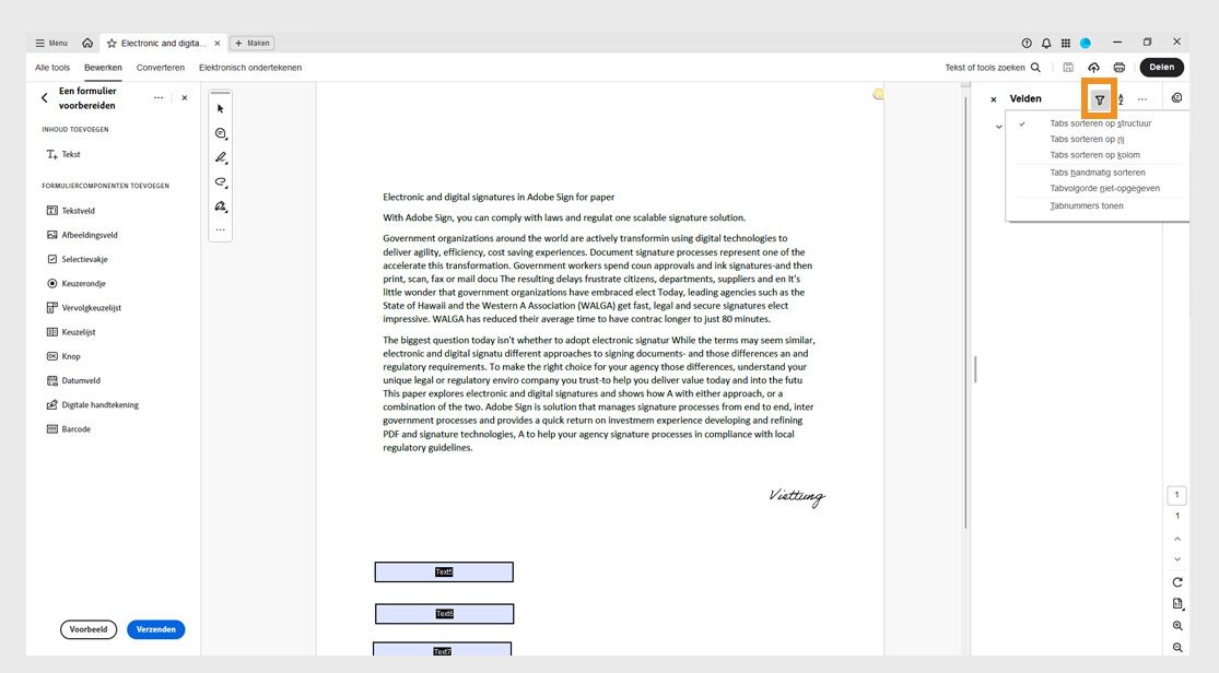 Het veldendeelvenster geeft de volgende tabvolgordeopties onder het Filter-pictogram weer: Tabs op structuur ordenen, Tabs op rij ordenen, Tabs op kolom ordenen, Tabs handmatig ordenen, Tabvolgorde niet opgegeven en Tabnummers weergeven.
