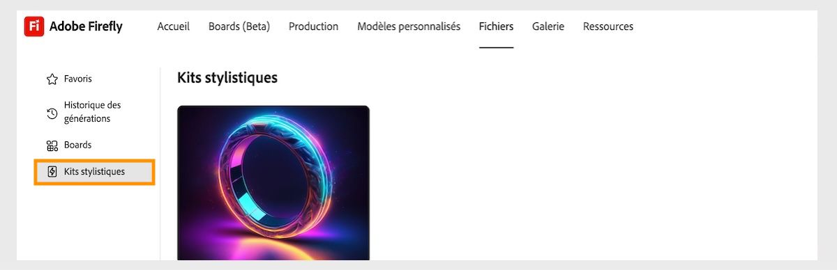 L’onglet Fichiers est ouvert et vous pouvez parcourir les kits stylistiques et les favoris. L’option Kits stylistiques est sélectionnée et répertorie les kits stylistiques enregistrés et partagés. 