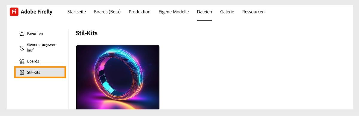 Die Registerkarte „Dateien“ ist geöffnet und du kannst die Stil-Kits und Favoriten durchsuchen. Die Option „Stil-Kits“ ist ausgewählt und es sind gespeicherte und freigegebene Stil-Kits aufgelistet. 