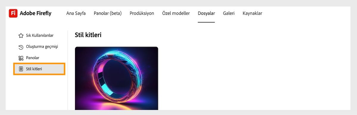 Dosyalar sekmesi açılır. Stil kitlerine ve Sık Kullanılanlar'a göz atabilirsiniz. &quot;Stil kitleri&quot; seçeneği belirlenmiştir. Kaydedilen ve paylaşılan stil kitleri listelenir. 