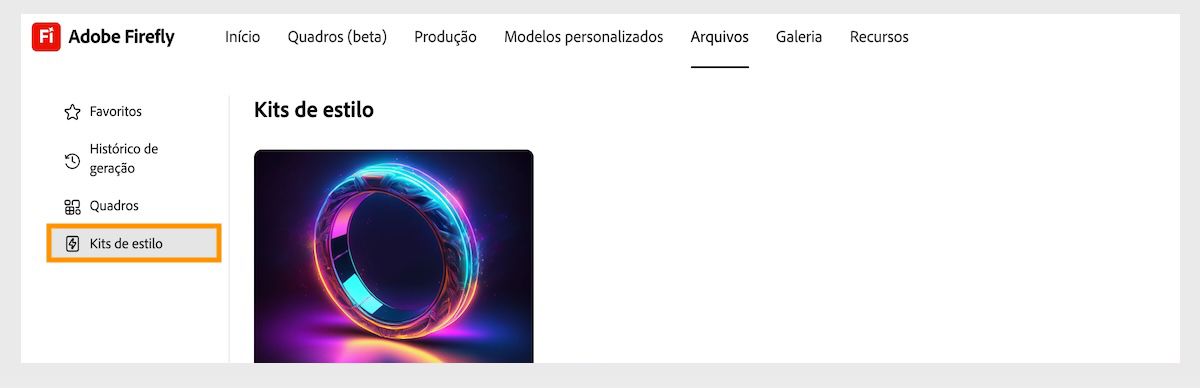 A guia Arquivos é aberta e você pode navegar pelos Kits de estilo e Favoritos. A opção Kits de estilo está selecionada e lista os kits de estilo salvos e compartilhados. 