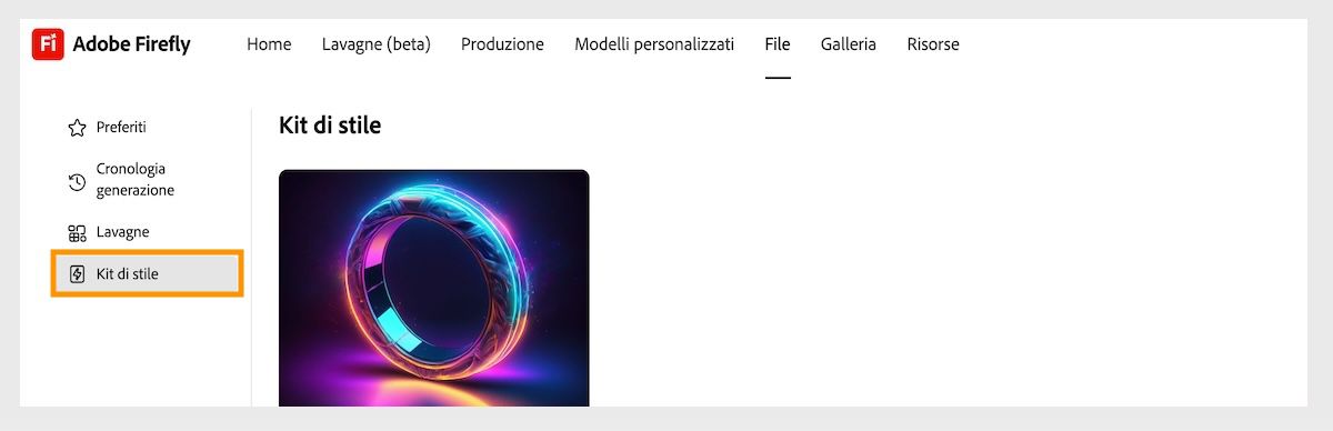 Si apre la scheda File e puoi sfogliare i Kit stile e i preferiti. L'opzione Kit stile è selezionata e include i Kit stile salvati e condivisi. 