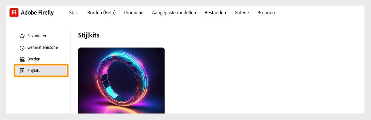 Het tabblad Bestanden is geopend en je kunt door stijlkits en favorieten bladeren. De optie Stijlkits is geselecteerd en de opgeslagen en gedeelde stijlkits worden weergegeven. 