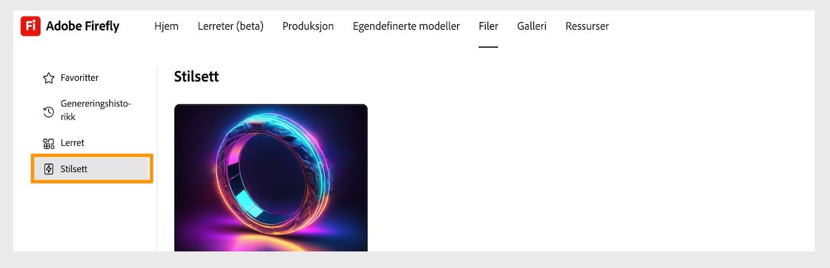 Filer-fanen er åpen, og du kan bla gjennom Stilsett og Favoritter. Alternativet Stilsett er valgt, og viser lagrede og delte stilsett. 