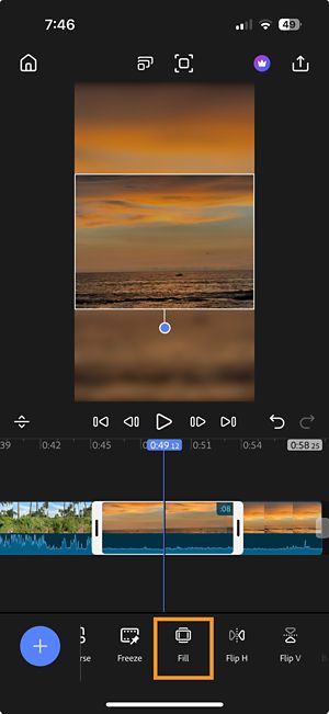 The Fill option highlighted in the toolbar at the bottom of the screen to adjust how a video fits the frame.