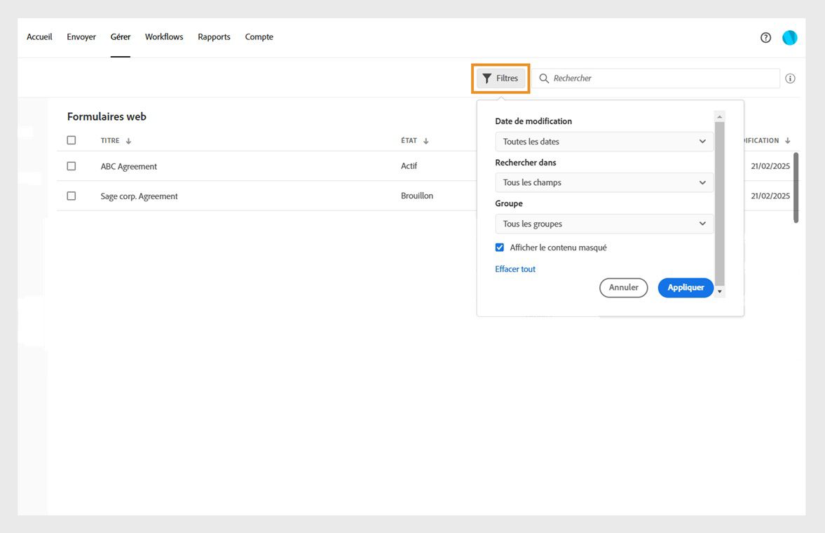 La boîte de dialogue Filtres présente les options qui permettent de filtrer les documents selon leur contenu ou par date de modification. Elle propose également une option d’affichage du contenu masqué.