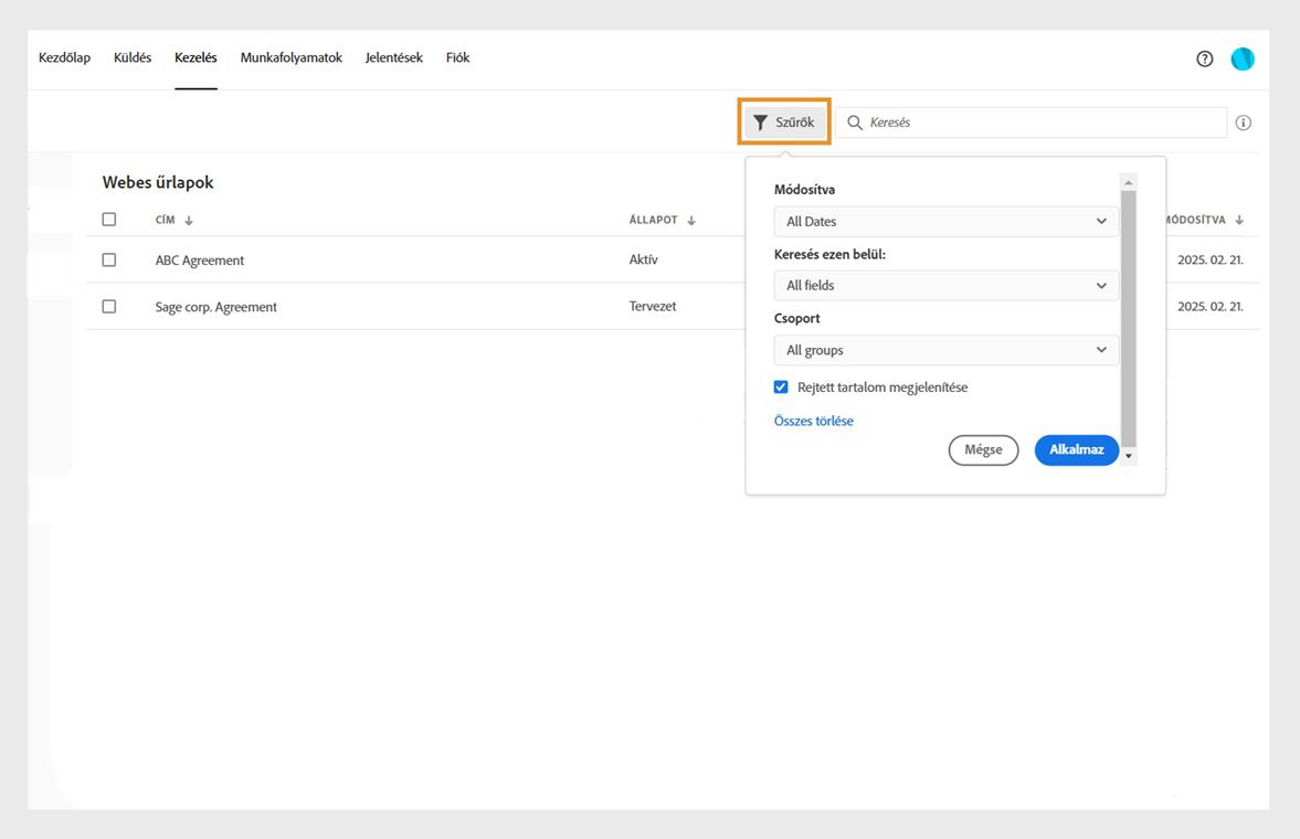 A Szűrők párbeszédpanelen megjelennek a dokumentumok módosítási dátum vagy tartalom szerinti szűrésének lehetőségei. Lehetőséget biztosít a rejtett tartalom megjelenítésére is.
