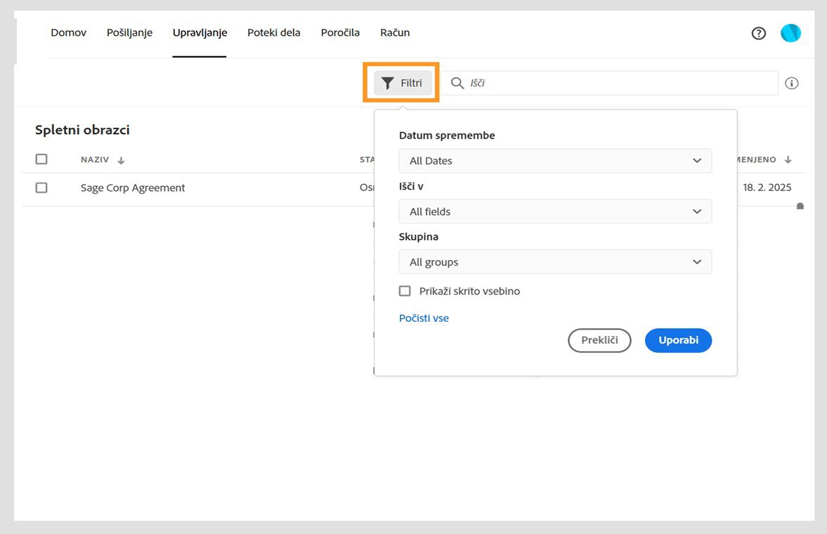 V pogovornem oknu Filtri se prikažejo možnosti filtriranja dokumentov po datumu spremembe ali njihovi vsebini. Na voljo je tudi možnost prikaza skrite vsebine.