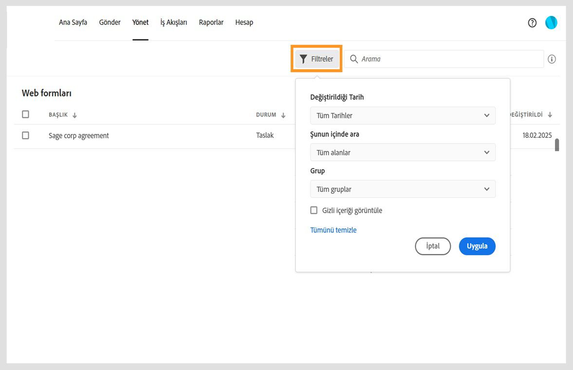 Filtreler iletişim kutusu, belgeleri değiştirme tarihine veya içeriğine göre filtreleme seçeneklerini gösterir. Ayrıca gizli içeriği görüntüleme seçeneğini de sunar.