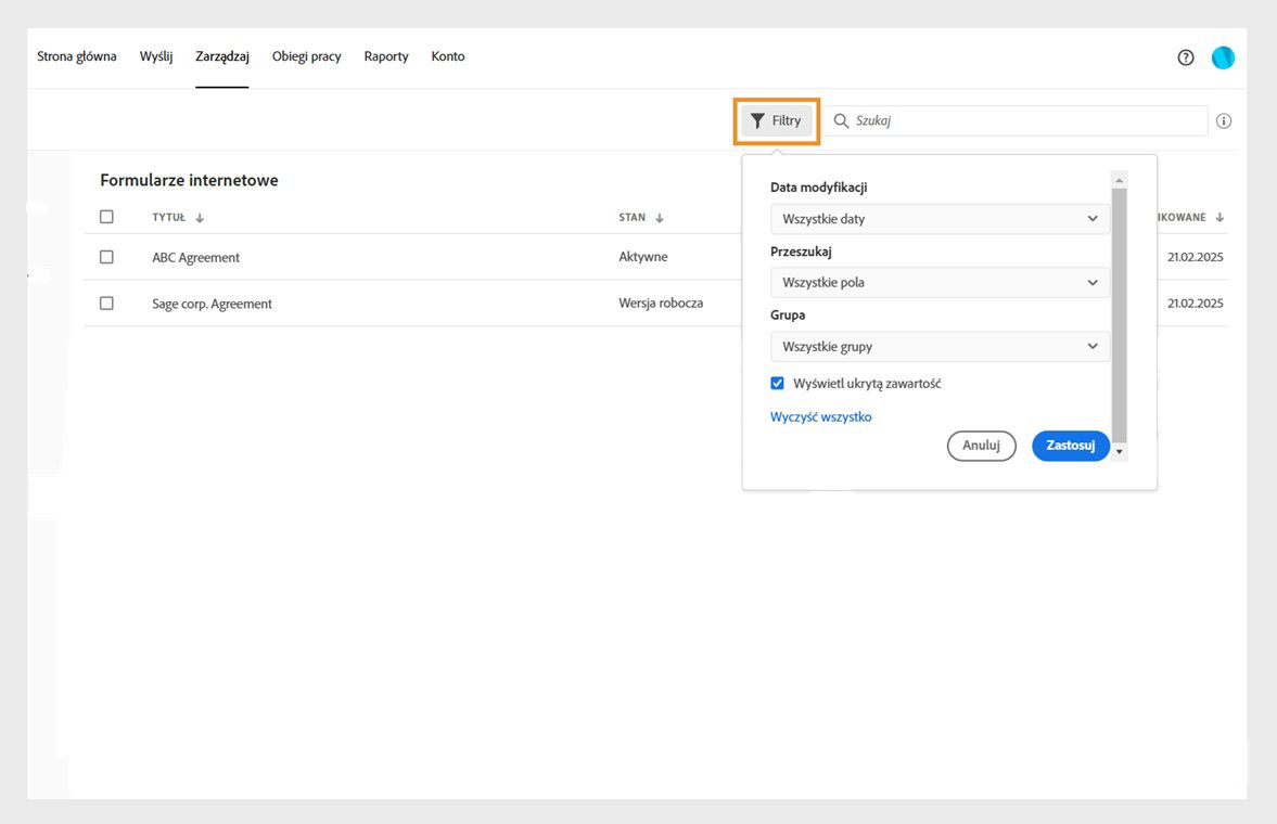 Okno dialogowe Filtry zawiera opcje filtrowania dokumentów według daty modyfikacji lub zawartości. Zapewnia również opcję wyświetlania ukrytej zawartości.