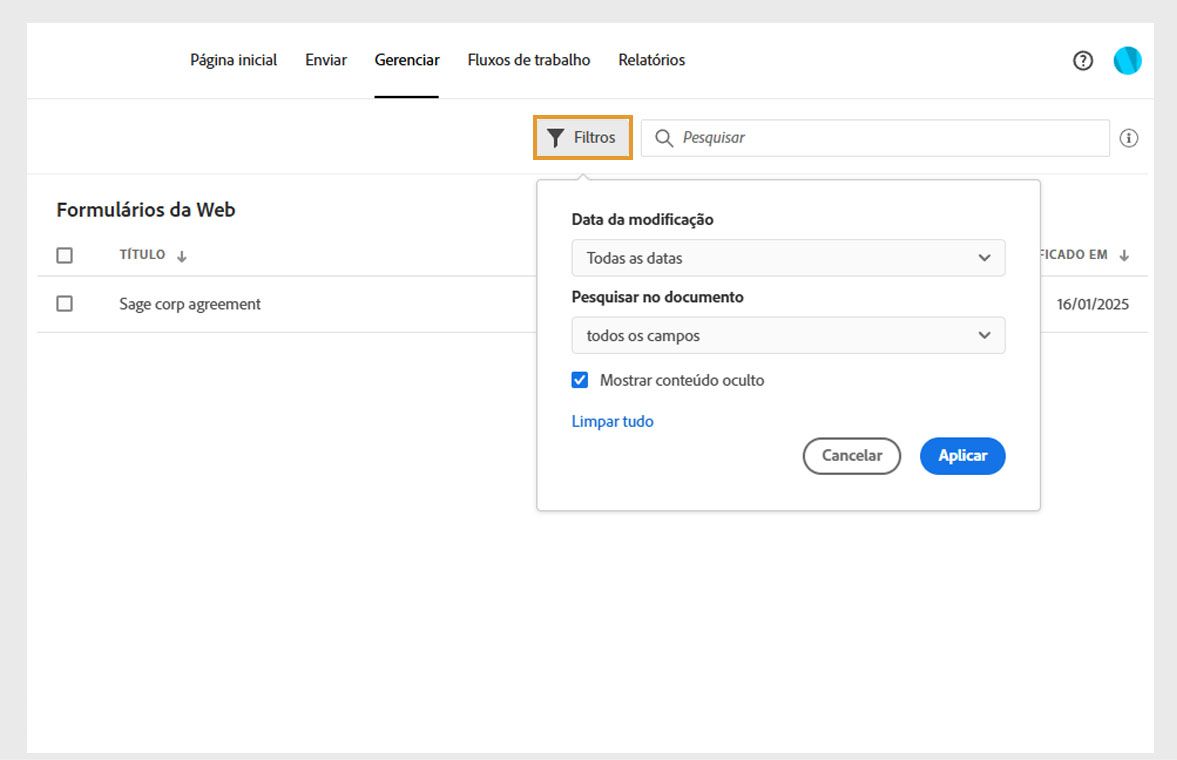 A caixa de diálogo Filtros mostra opções para filtrar documentos por data de modificação ou conteúdo. Ela também oferece uma opção para exibir conteúdo oculto.