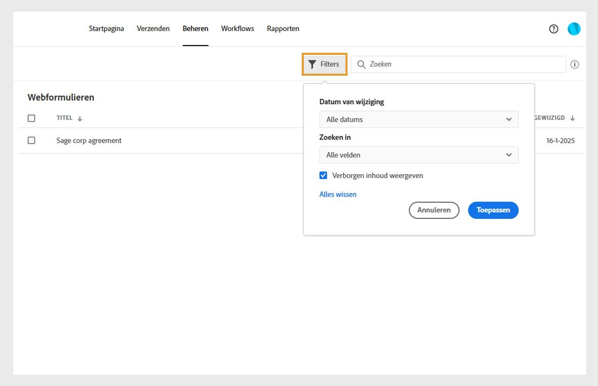 Het dialoogvenster Filters toont opties om documenten te filteren op wijzigingsdatum of inhoud. Er is ook een optie om verborgen inhoud weer te geven.