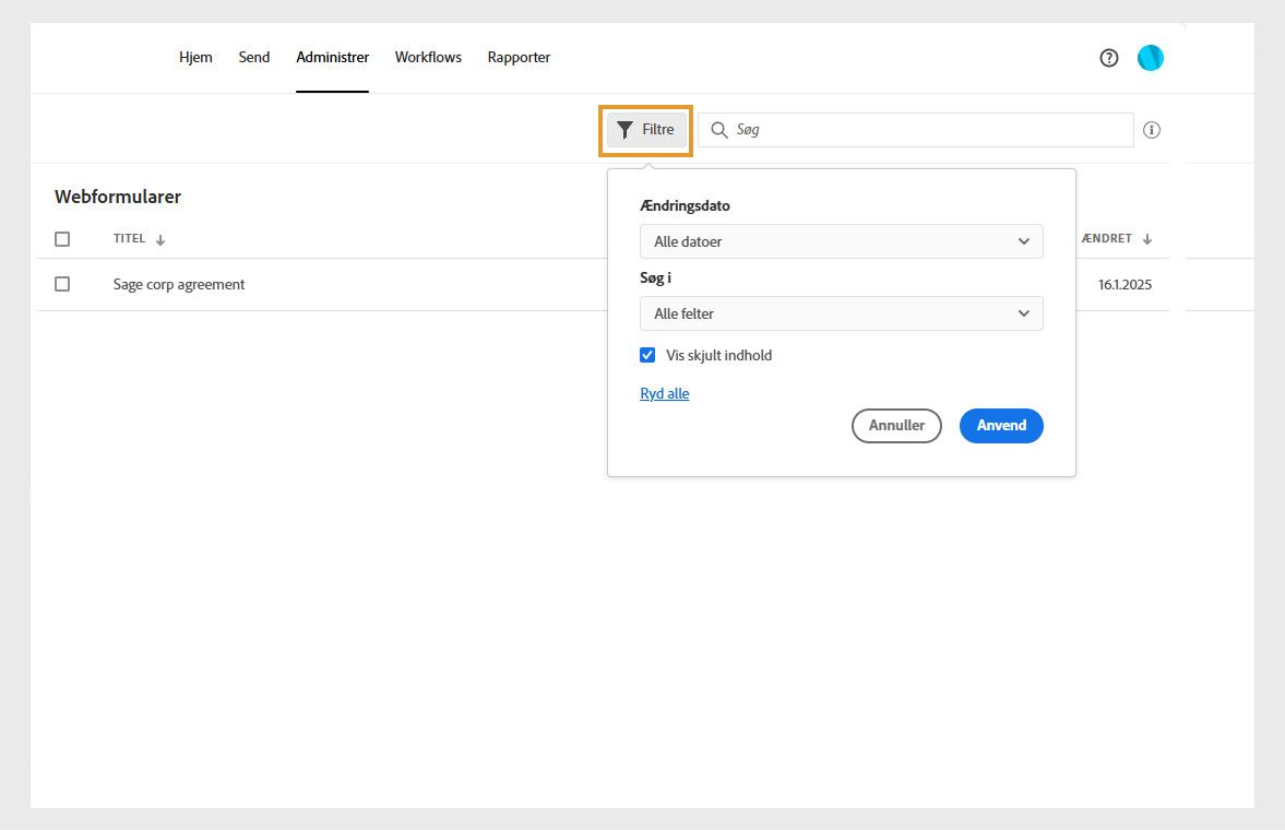 Dialogboksen Filtre viser dig indstillinger til at filtrere dokumenter efter ændringsdato eller indhold. Der er også en indstiling for at få vist skjult indhold.