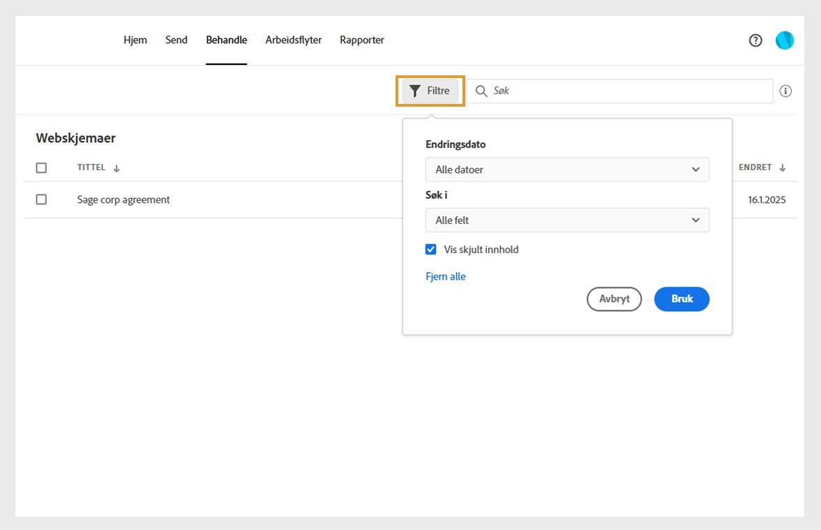 Dialogboksen Filtre viser alternativer for å filtrere dokumenter etter endret dato eller innholdet. Den har også et alternativ for å vise skjult innhold.