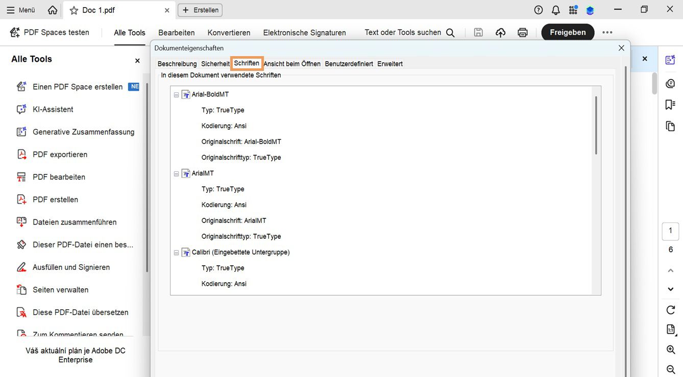Die Registerkarte „Schriften“ im Fenster „Dokumenteigenschaften“ zeigt die Liste der im aktuellen Dokument verwendeten Schriften an.