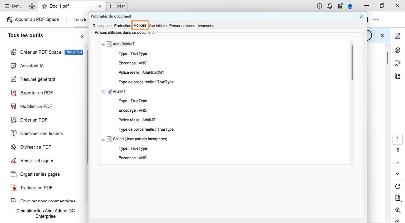 L'onglet Polices de la fenêtre Propriétés du document affiche la liste des polices utilisées dans le document actuel.