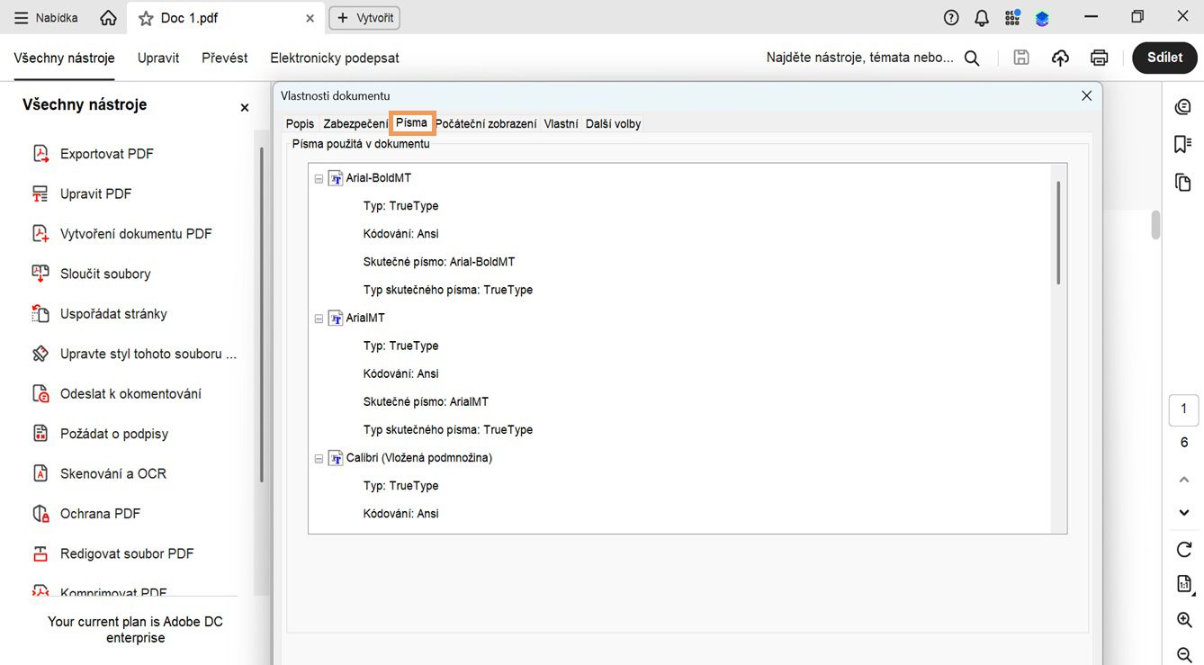 Karta Písma v okně Vlastnosti dokumentu zobrazuje seznam písem použitých v aktuálním dokumentu.