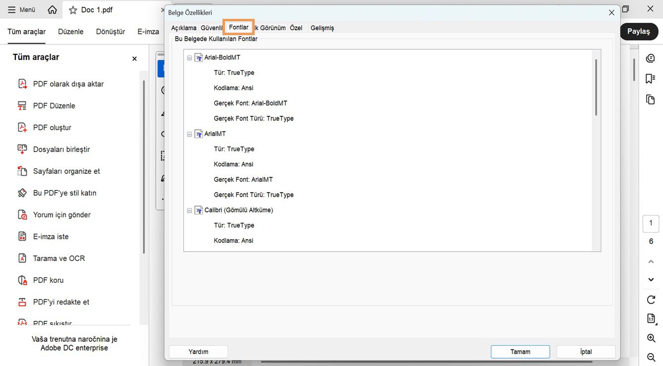Belge Özellikleri penceresinin Fontlar sekmesi, geçerli belgede kullanılan fontların listesini görüntüler.