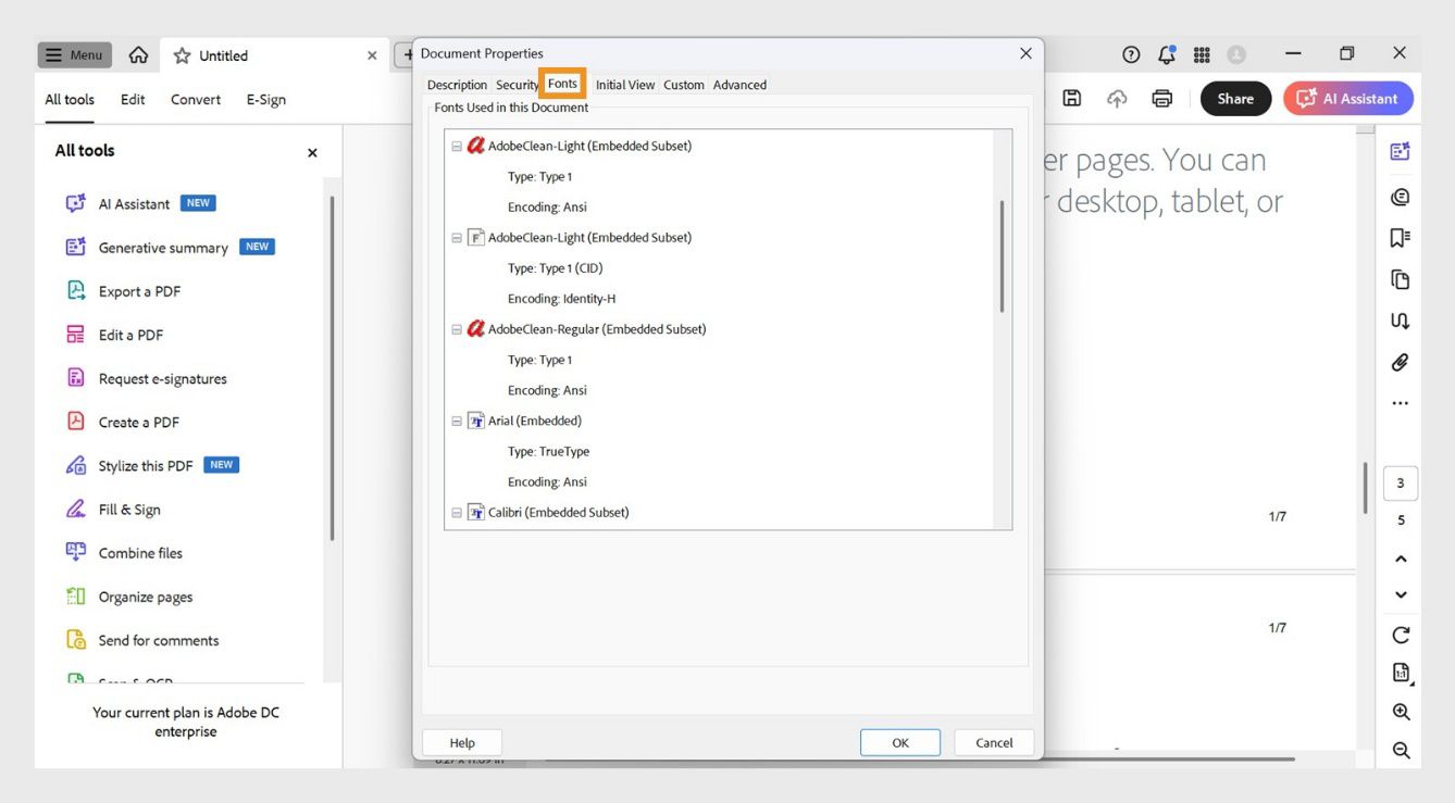 Ipinapakita ng Fonts tab ng Document Properties window ang listahan ng mga font na ginamit sa kasalukuyang dokumento.