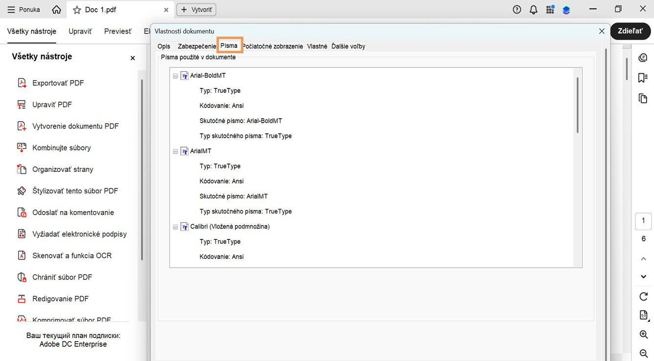 Karta Písma v okne Vlastnosti dokumentu zobrazuje zoznam písiem použitých v aktuálnom dokumente.