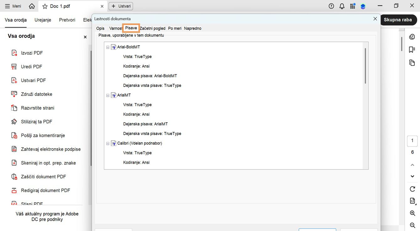 Zavihek Pisave v oknu Lastnosti dokumenta prikazuje seznam pisav, uporabljenih v trenutnem dokumentu.