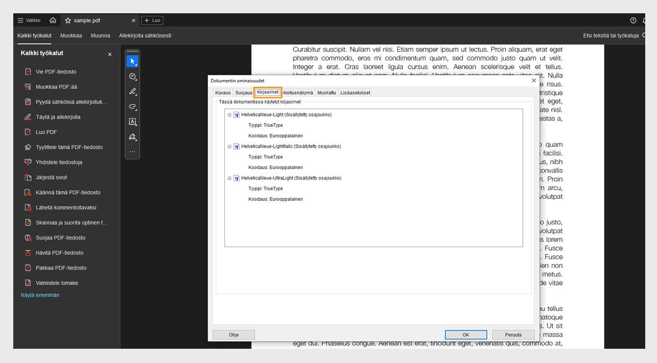 Asiakirjan ominaisuudet -ikkunan Kirjasimet-välilehdellä näkyy luettelo nykyisessä asiakirjassa käytetyistä kirjasimista.