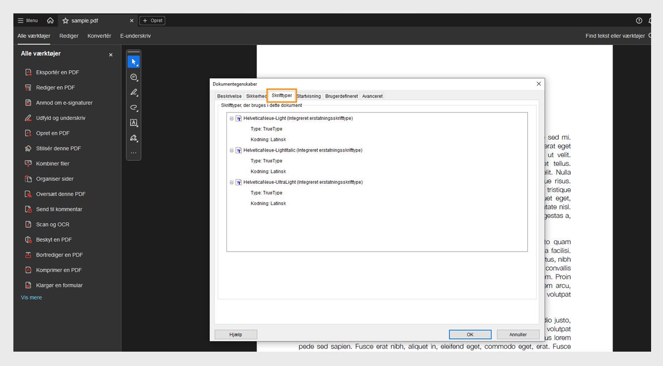 Fanen Skrifttyper i vinduet Dokumentegenskaber viser listen over skrifttyper, der bruges i det aktuelle dokument.