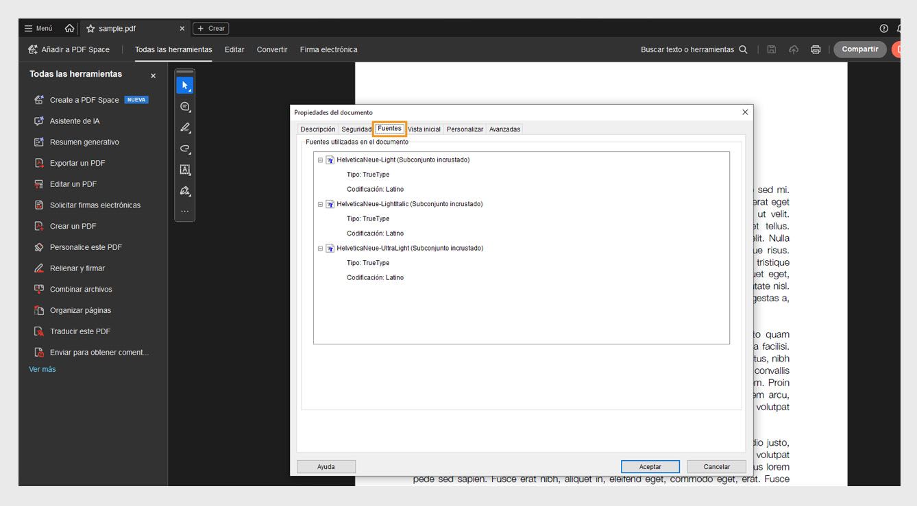 La pestaña Fuentes de la ventana Propiedades del documento muestra la lista de fuentes utilizadas en el documento actual.
