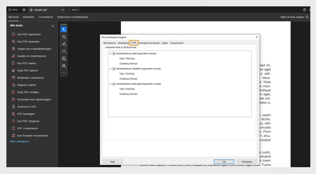 Het tabblad Lettertypen in het venster Documenteigenschappen toont de lijst met lettertypen die in het huidige document worden gebruikt.
