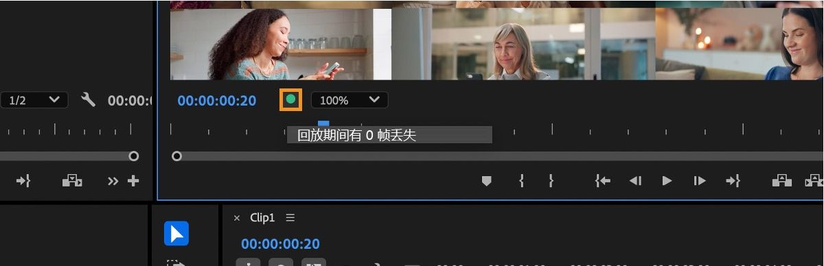 丢帧指示器已选中，且工具提示确认播放期间未丢帧。