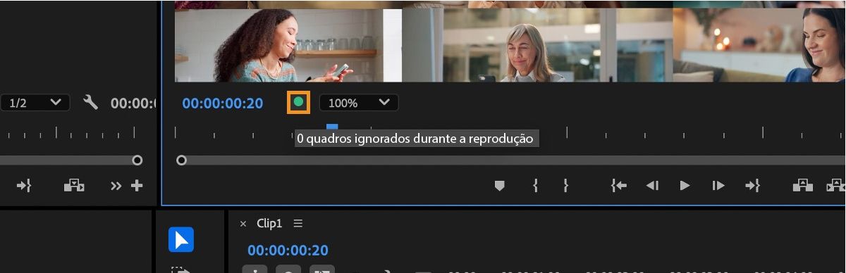 O Indicador de Quadros Perdidos está selecionado, e a dica de ferramenta confirma que nenhum quadro foi perdido durante a reprodução.