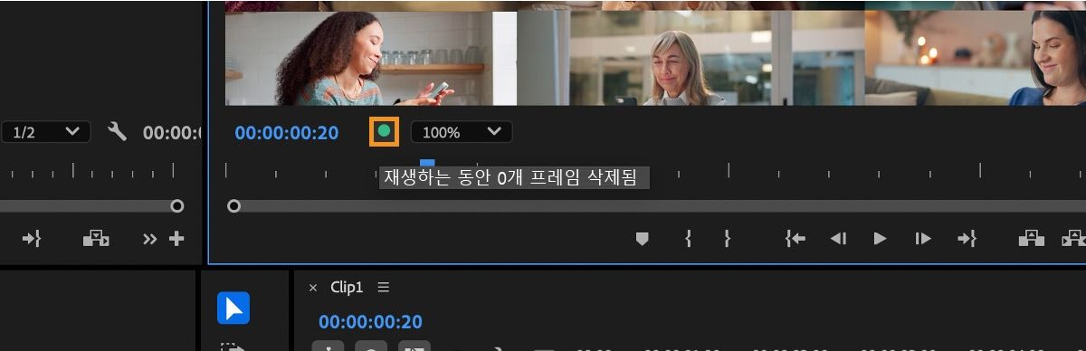 프레임 누락 표시기가 선택되고, 툴팁은 재생 중 프레임이 누락되지 않았음을 확인해줍니다.