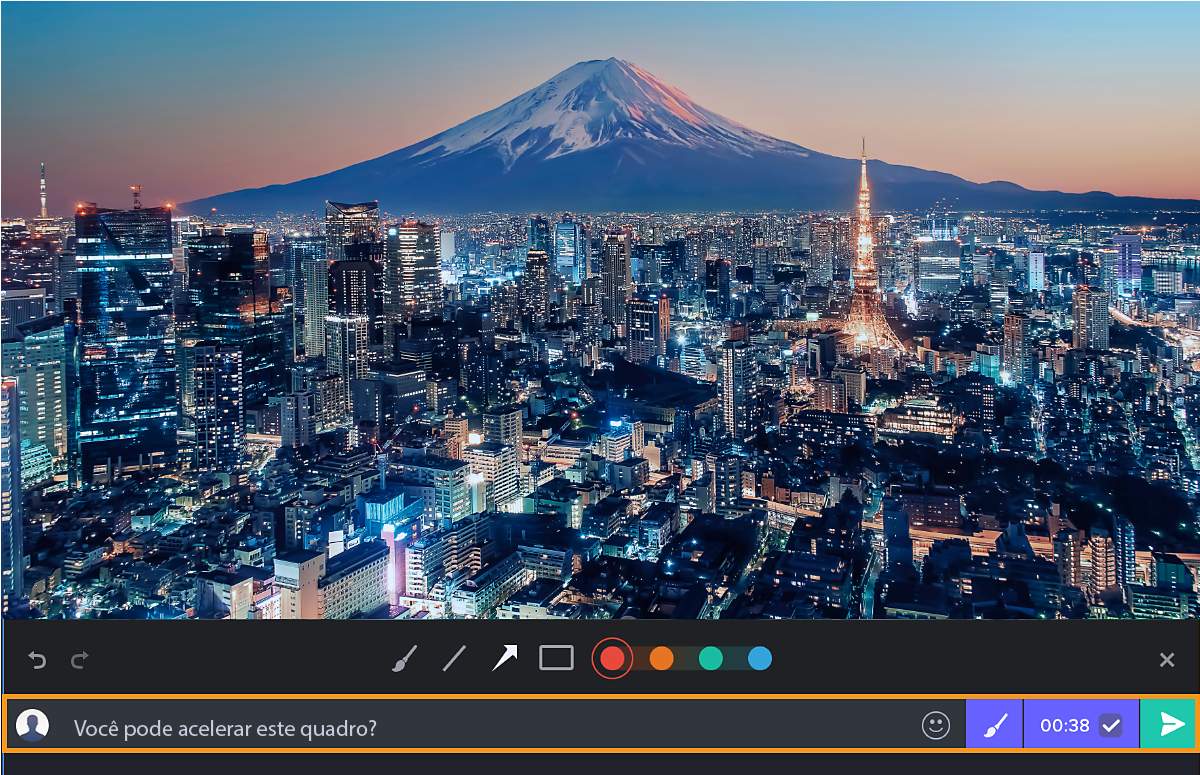 A interface de revisão do Frame.io exibe um vídeo pausado aos 38 segundos.Um revisor adicionou um comentário com marcação de tempo: é possível acelerar esse quadro? Ferramentas de anotação, como desenho, texto, formas e opções de cores, são exibidas acima da caixa de comentários, permitindo que os revisores marquem visualmente os quadros para fornecer um feedback claro.
