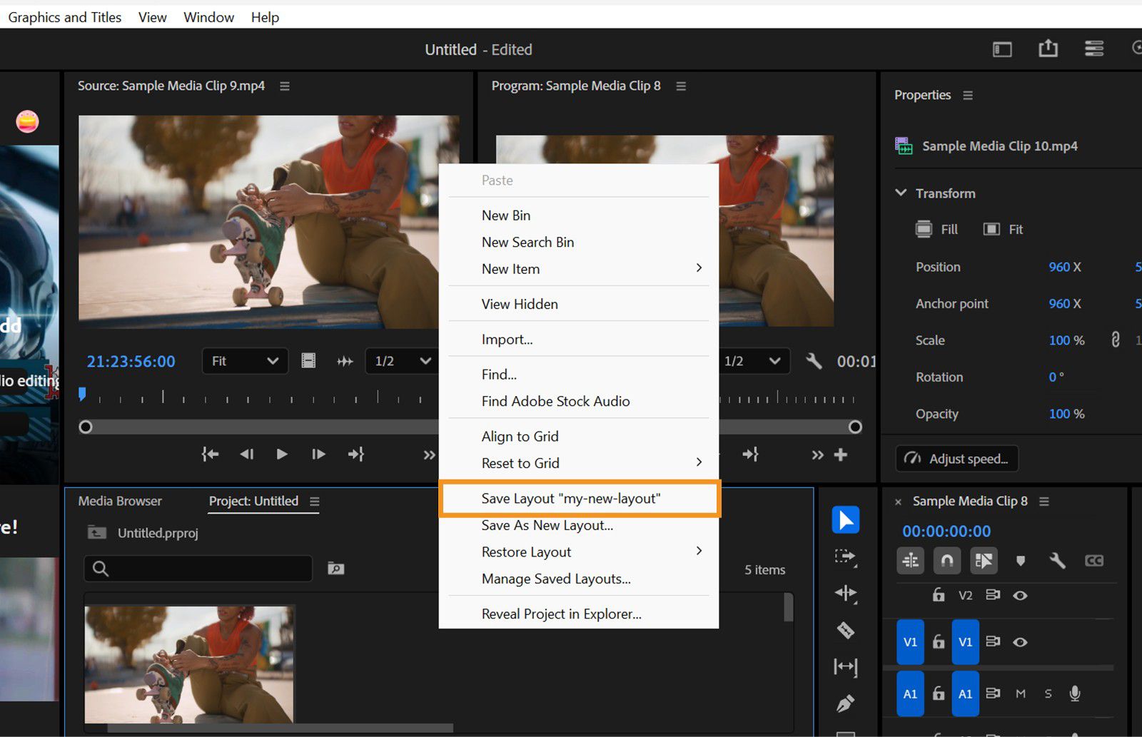 Il menu contestuale della visualizzazione Freeform mostra il layout appena salvato, my-new-layout, che è evidenziato.