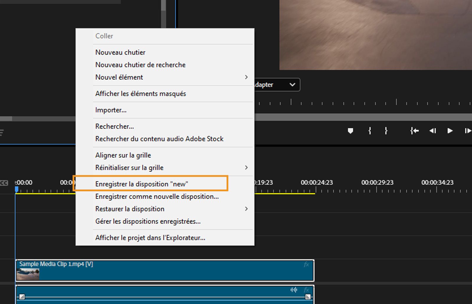 Le menu contextuel de l’affichage libre affiche la disposition nouvellement enregistrée, « ma-nouvelle-disposition », qui est mise en surbrillance.