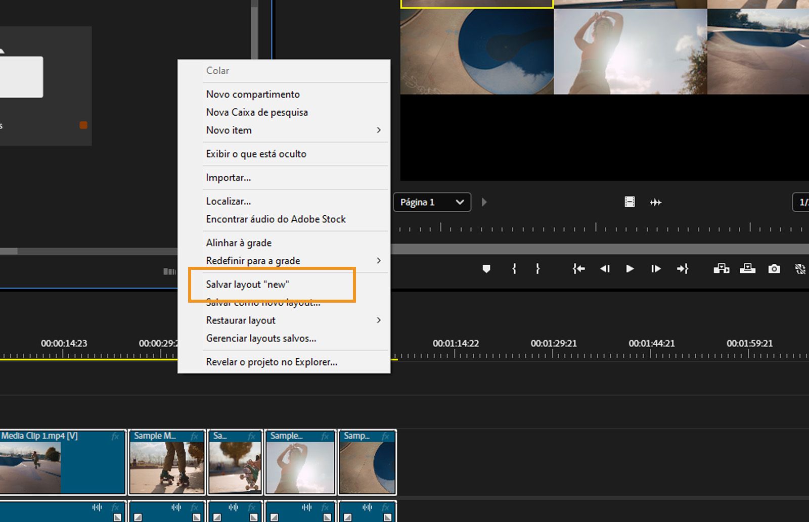 O menu de contexto da Visualização livre exibe o layout recém-salvo, meu-novo-layout, que está destacado.