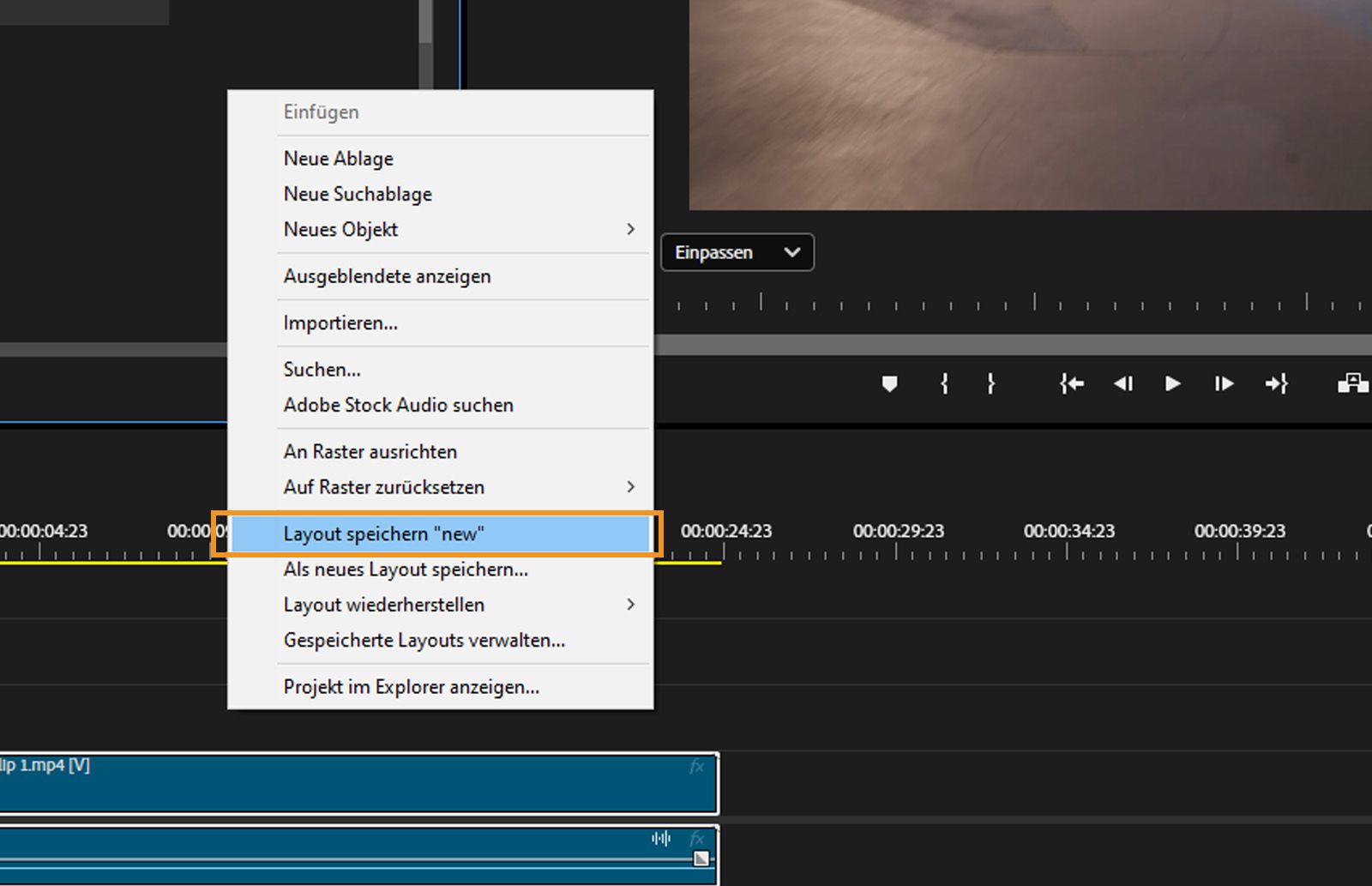 Das neu gespeicherte Layout „my-new-layout“ ist im Kontextmenü der Freiformansicht hervorgehoben.