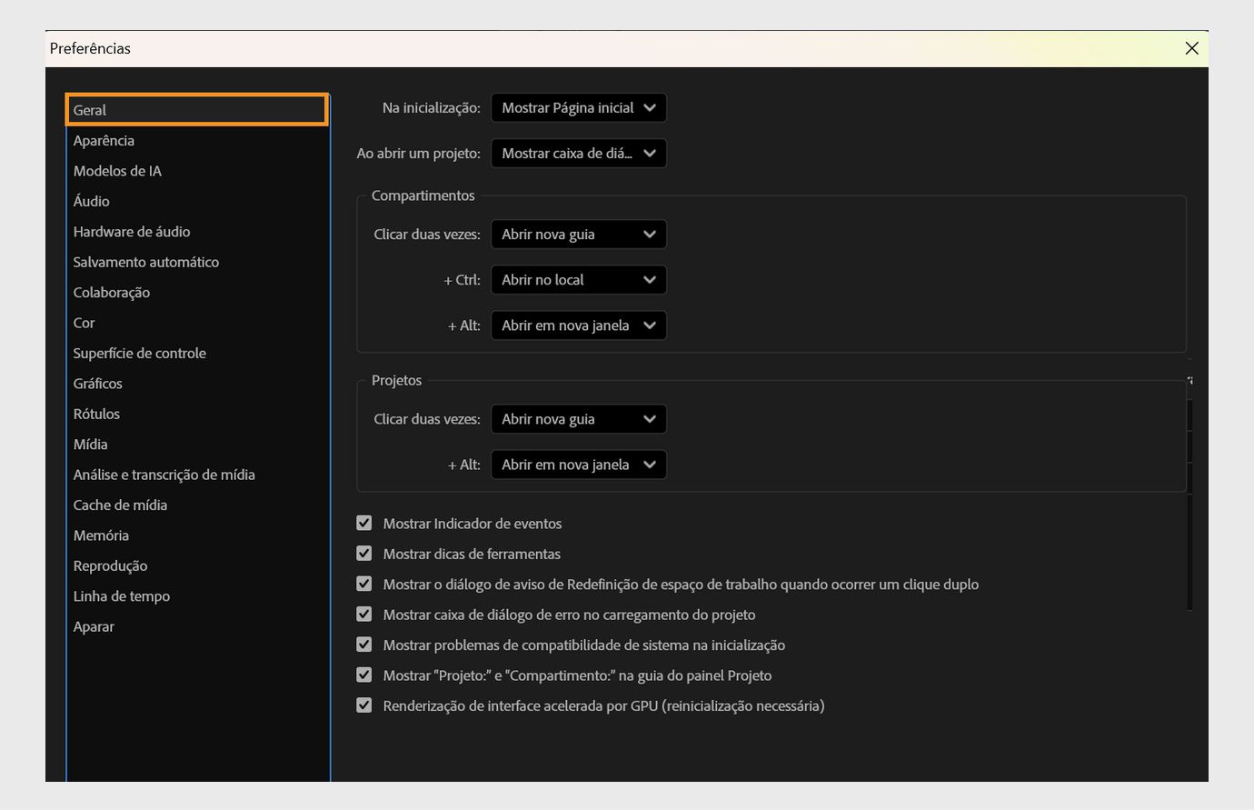 O painel Geral da caixa de diálogo Preferências exibe várias opções para personalizar o Premiere Pro, como Na inicialização, Ao abrir um Projeto, Bins e muito mais.
