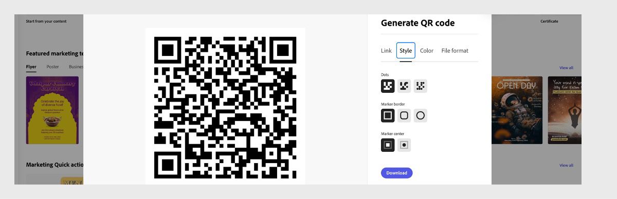 O prompt Gerar QR Code é aberto e tem várias guias como Link, Estilo, Cor e Formato de arquivo. A guia Estilo é selecionada, apresentando opções de estilo para escolher.