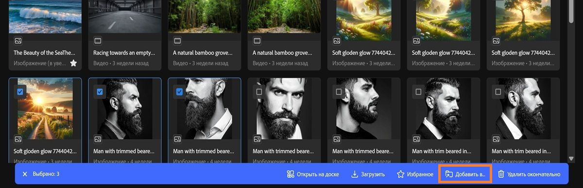 Вкладка истории создания в Firefly отображает несколько выбранных ресурсов и меню панели инструментов.
