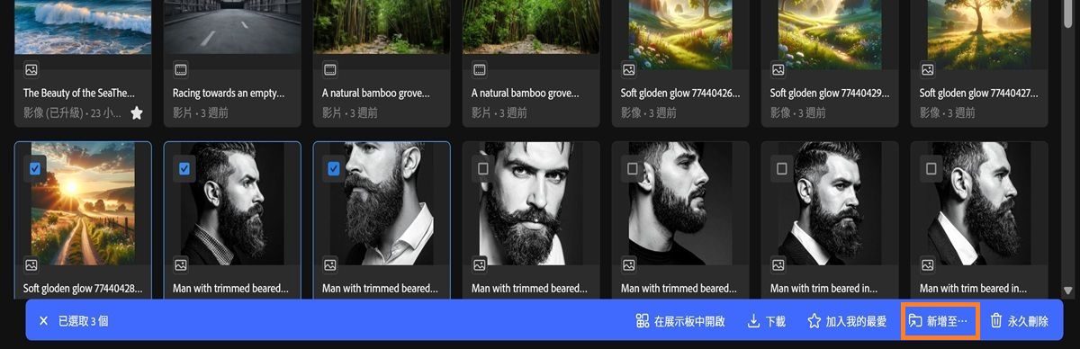 Firefly 中的「產生歷史記錄」標籤顯示出多個已選取的資產，以及工具列選單。