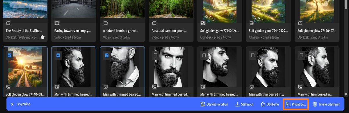 Karta Historie výtvorů ve Firefly zobrazuje více vybraných datových zdrojů a nabídku panelu nástrojů.