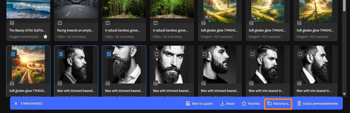 A guia Histórico de geração no Firefly exibe vários ativos selecionados e um menu da barra de ferramentas.
