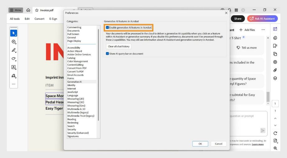 Okno Preferencie generatívneho UI je otvorené s možnosťami Povoliť funkcie generatívneho UI v programe Acrobat, Vymazať celú históriu chatu a ďalšie.